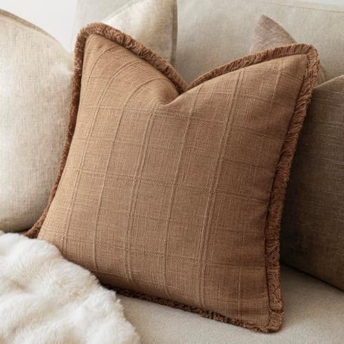 Foindtower Set of 2 Decorative Linen Check Fringe Throw Pillow Covers Farmhouse - Image 5