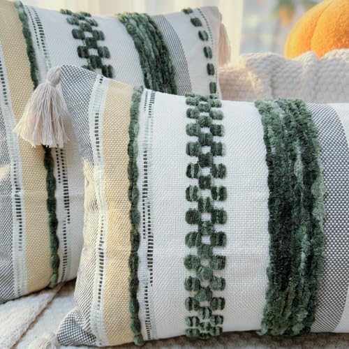 PANOD Boho Long Lumbar Throw Pillow Cover 16 x 36 Dark Green, Chenille Morocan - Image 3