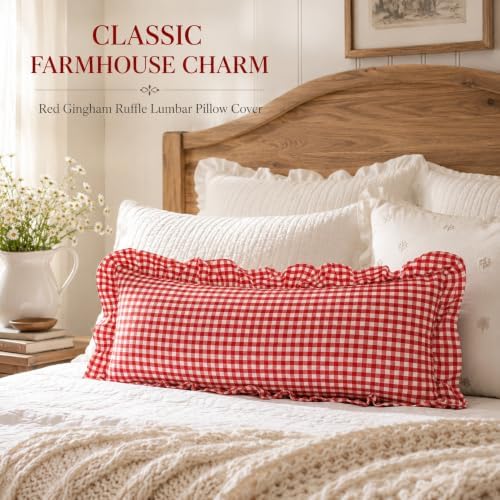 JoraLion Ruffled Lumbar Pillow Cover 14x36 Gingham Red - Image 6