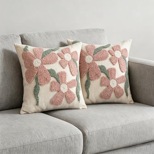 Summer Floral Throw Pillow Covers 18x18 Inch Set of 2, Chenille Embroidered - Image 5