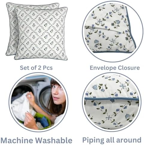 Ridhi Block Print Powder Blue Pillow Cover 24" x 24" Decorative Couch Pillows - Image 3