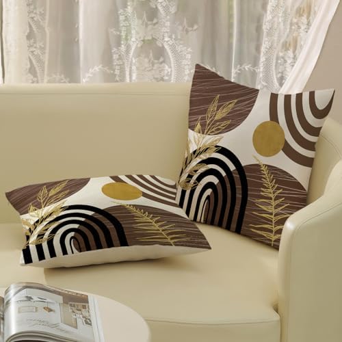 Boho Brown Pillow Covers 18x18 Set of 2 Brown Gold Leaf Tropical Decor Mid - Image 4