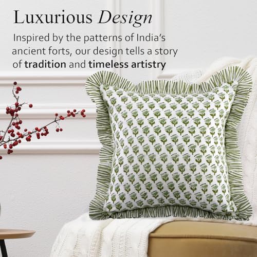 CPC Block Print Ruffle Throw Pillow Cover Emerald Green 16"x16" - Image 4
