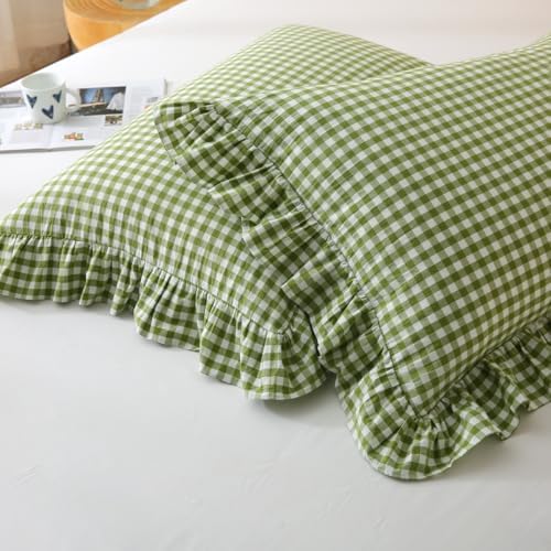 Silnuo Olive Green/White Gingham Ruffle Pillow Covers Queen Size 20"x30" - Image 3