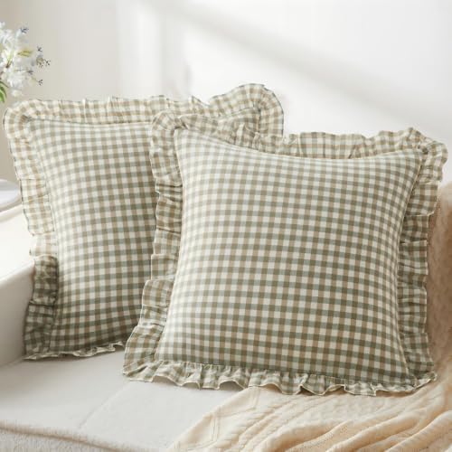 KKJIAF 2 Pcs Ruffle Gingham Pillow Covers 24" x 24", Sage Green Plaid by KKJIAF