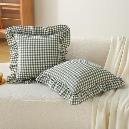 Gingham Throw Pillow Covers 22 x22, Sage Green/White, Ruffle Trim - Image 2