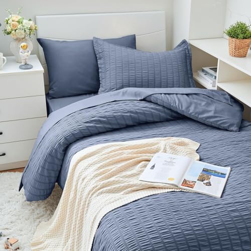 HYMOKEGE Nordic Blue Twin Comforter Set Seersucker 5 Pieces, All Season Luxury - Image 2