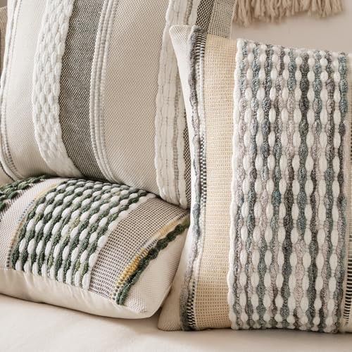 ANRODUO Boho Decorative Pillow Covers Gray Blue Stripe 18x18 Inch Pack of 2 - Image 5