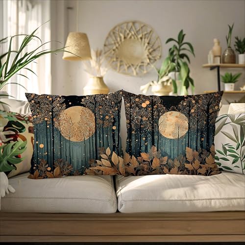 Vintage William Morris Inspired Gold Forest Moon Pillow Covers 18x18 Set of 2 - Image 4