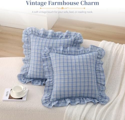 Gingham Throw Pillow Covers 18x18, Denim Blue Plaid, Ruffle Trim - Image 2