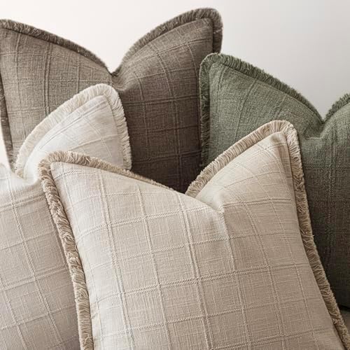 Foindtower Set of 2 Decorative Linen Check Fringe Throw Pillow Covers Farmhouse - Image 4