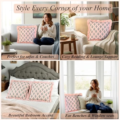Ridhi Salmon Blossom Block Print Ruffle Pillow Covers 24x24 Inch Set of 2 - Image 5