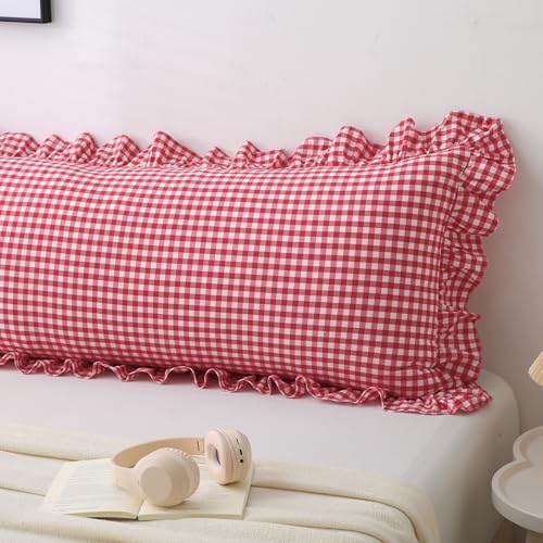 Red Gingham Body Pillow Cover 20x54, Ruffled Cotton Sham - Image 7