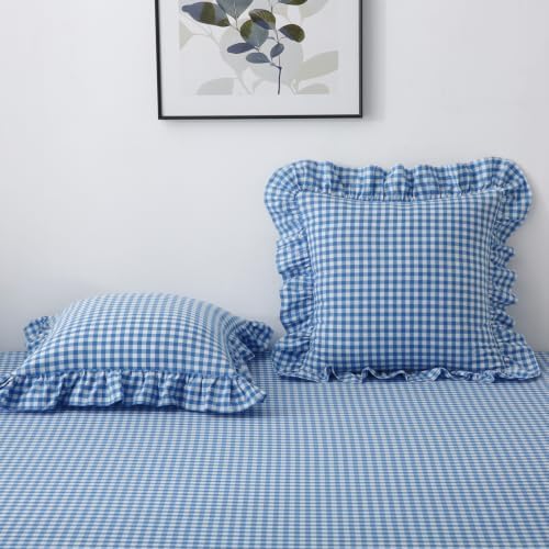 Silnuo 2 Pack Royal Blue/White Gingham Ruffle Throw Pillow Covers 20"x20" - Image 6