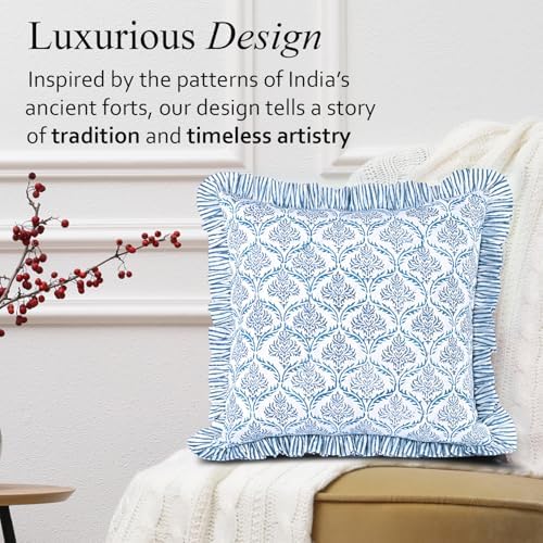 CPC Indigo Regal Hand Block Print 100% Cotton Ruffle Throw Pillow Cover 18x18 - Image 4
