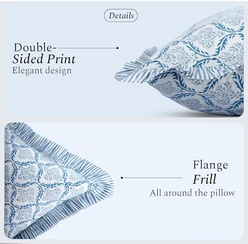 CPC Block Print Indigo Regal Ruffle Cotton Lumbar Pillow Cover 12x20 inch - Image 2
