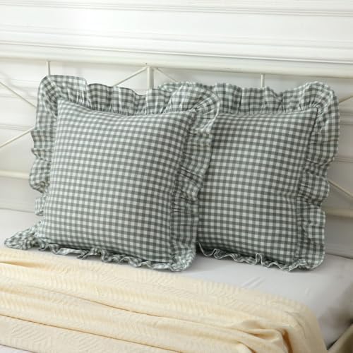 Mywinlle 2 Pack Dusty Green Gingham Plaid Ruffle Euro Shams 26"x26" by Mywinlle