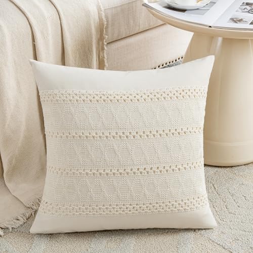 Fancy Homi Set of 2 Boho Cream Decorative Throw Pillow Cover 16x16 Inch - Image 2
