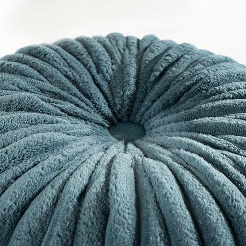 HIG Set of 2 Dusty Blue Flannel Decorative Round Pleated Throw Pillows - Image 2