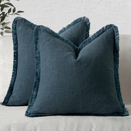 MIULEE Boho Linen Fringe Decorative Throw Pillow Covers Navy Blue 18x18 by MIULEE