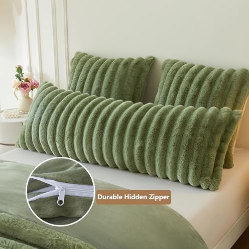 MEGO Fluffy Faux Rabbit Fur Ribbed Body Pillow Cover 20x54, Sage Green - Image 5