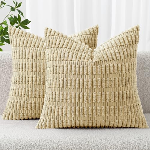 MIULEE Corduroy Decorative Throw Pillow Covers 16x16 Beige Pack of 2 by MIULEE