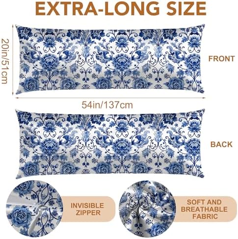 Blue and White Body Pillow Cover, Chinoiserie Floral Body Pillow - Image 2