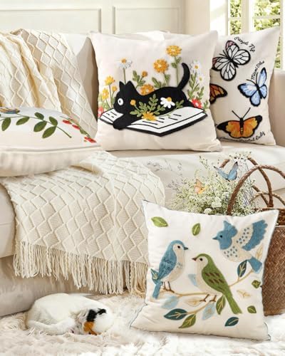Animal Embroidered Throw Pillow Cover 18x18 Inch, Cat Floral - Image 6
