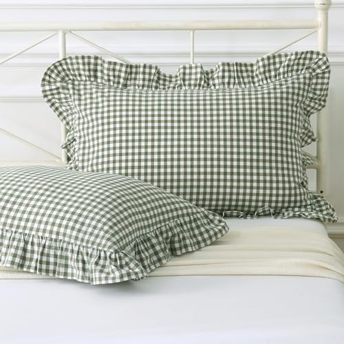 Silnuo Sage Green/White Plaid Ruffled Queen Size Pillow Shams Set of 2 by Silnuo