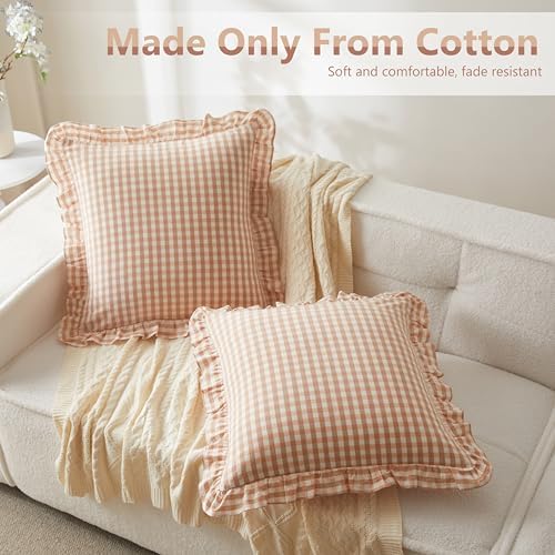 KKJIAF 2 Pcs Ruffle Gingham Pillow Covers 20" x 20", Light Pink Plaid - Image 3