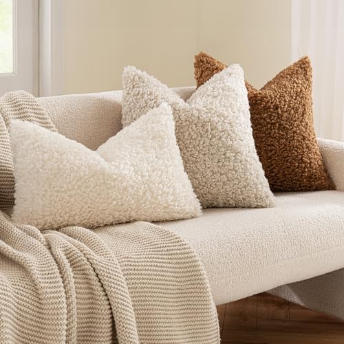 MIULEE Decorative Faux Fur Pillow Covers Sherpa 16x16 Light Beige - Image 3