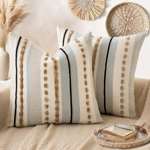 ANRODUO Boho Decorative Pillow Covers 22x22 Light Blue Stripe Pack of 2 by ANRODUO