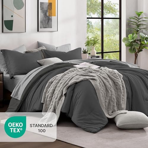 Monbix Queen Comforter Set 7 Pieces Dark Grey Cationic Dyeing Bed in a Bag - Image 5