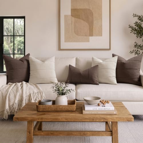 MIULEE Fall Decorative Linen Throw Pillow Covers 18x18 Brown Striped - Image 3