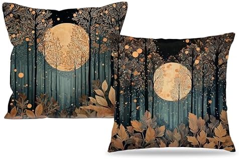 Vintage William Morris Inspired Gold Forest Moon Pillow Covers 18x18 Set of 2 by Unknown