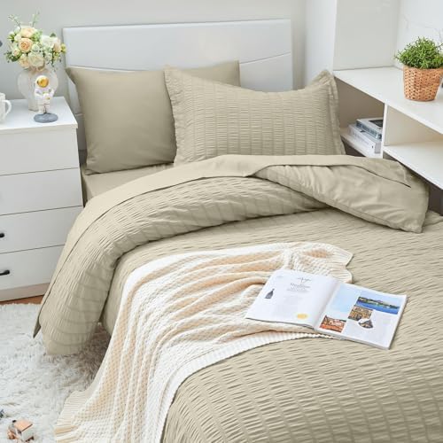 HYMOKEGE Light Linen Twin XL Comforter Set Seersucker 5 Pieces, All Season - Image 2