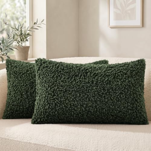 decorUhome Sherpa Decorative Throw Pillow Covers 12x20 Set of 2 Olive Green by decorUhome