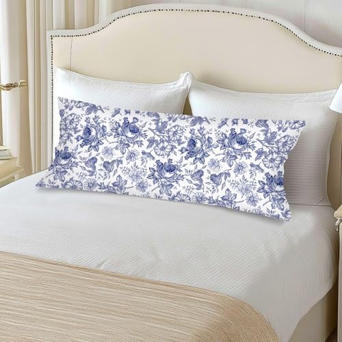 Blue and White Porcelain Floral Lumbar Pillow Cover 14x36 Long Body Pillow - Image 4