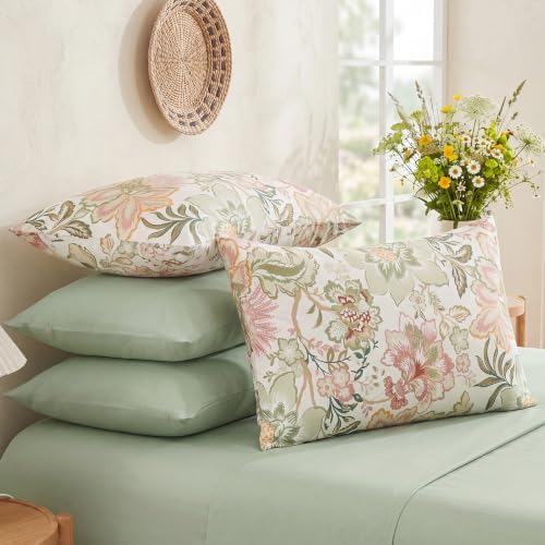 Bedorm 100% Cotton Pillowcases Set of 2 Queen Size Floral Pillow Cover Green - Image 3