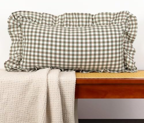 JoraLion Ruffled Lumbar Pillow Cover 14x24 Gingham Green by JoraLion