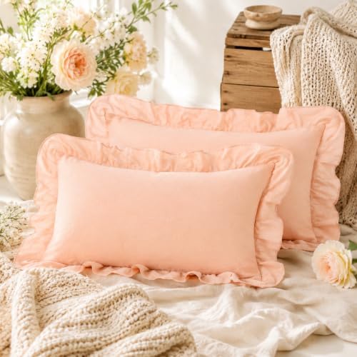 JoraLion Ruffled Throw Pillow Cover 12x20 Solid Blush Pink - Image 3