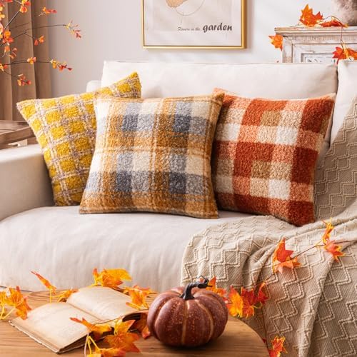 AQOTHES Plaid Fall Throw Pillow Covers Orange 22x22 Inch Set of 2 - Image 4
