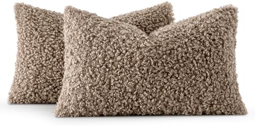 MIULEE Decorative Faux Fur Pillow Covers Lumbar Sherpa 12x20 Khaki - Image 6