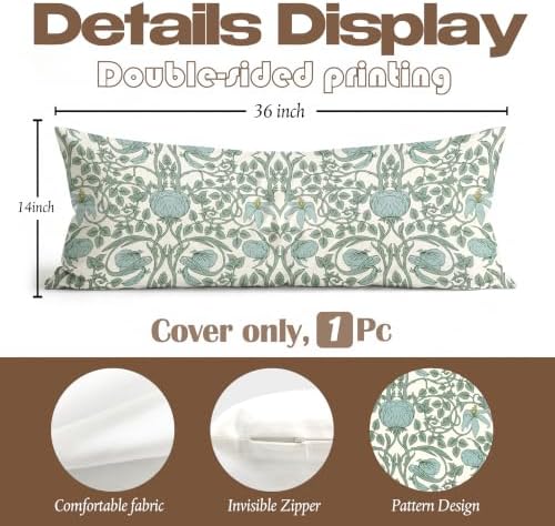 Vintage Art Deco Nouveau Green Floral 14x36 Long Lumbar Pillow Cover - Image 3