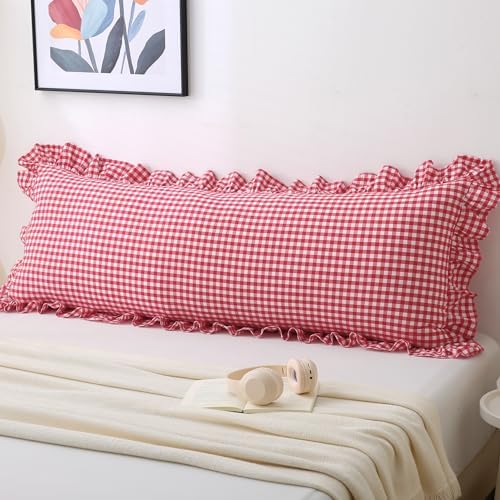 Red Gingham Body Pillow Cover 20x54, Ruffled Cotton Sham by Jilboo