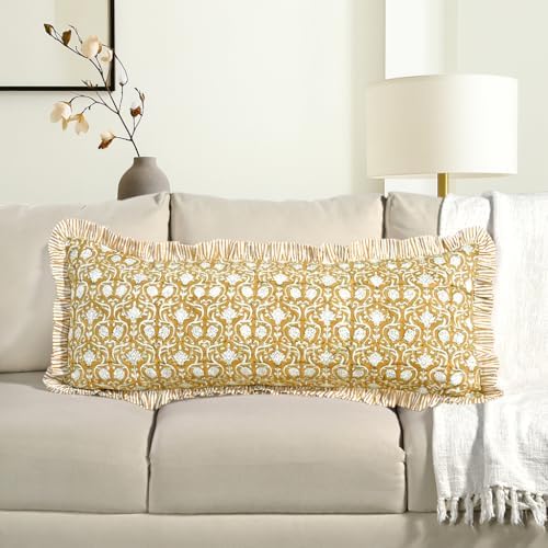 CPC Block Print Mustard Regal Ruffle Cotton Lumbar Pillow Cover 14x36 inch by COTTONPRINTCLUB