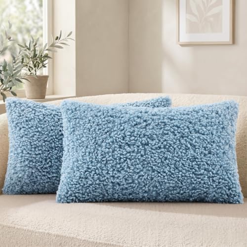 decorUhome Sherpa Decorative Throw Pillow Covers 12x20 Set of 2 Light Blue by decorUhome