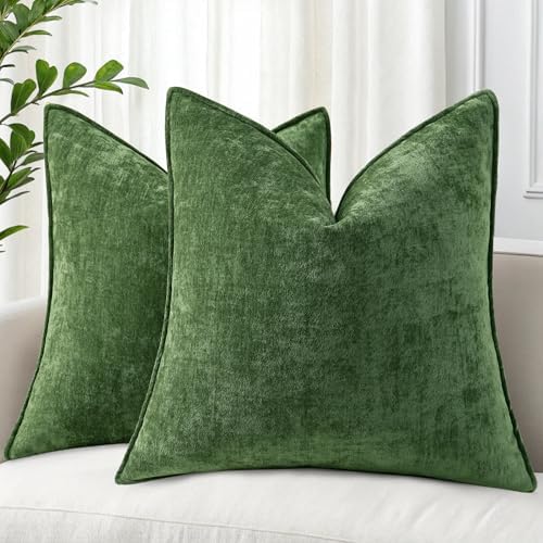 decorUhome Chenille Moss Green Velvet Throw Pillow Covers 22x22 Set of 2 by decorUhome