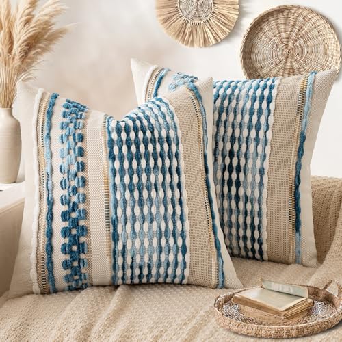 ANRODUO Boho Decorative Throw Pillow Covers Sky Blue Stripe 18x18 Pack of 2 by ANRODUO