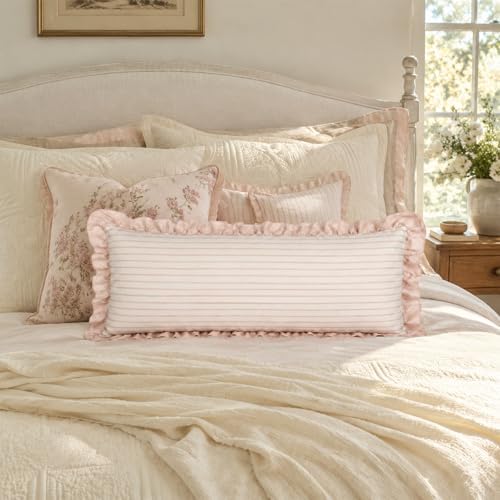JoraLion Ruffled Lumbar Pillow Cover 14x36 Striped Beige by JoraLion